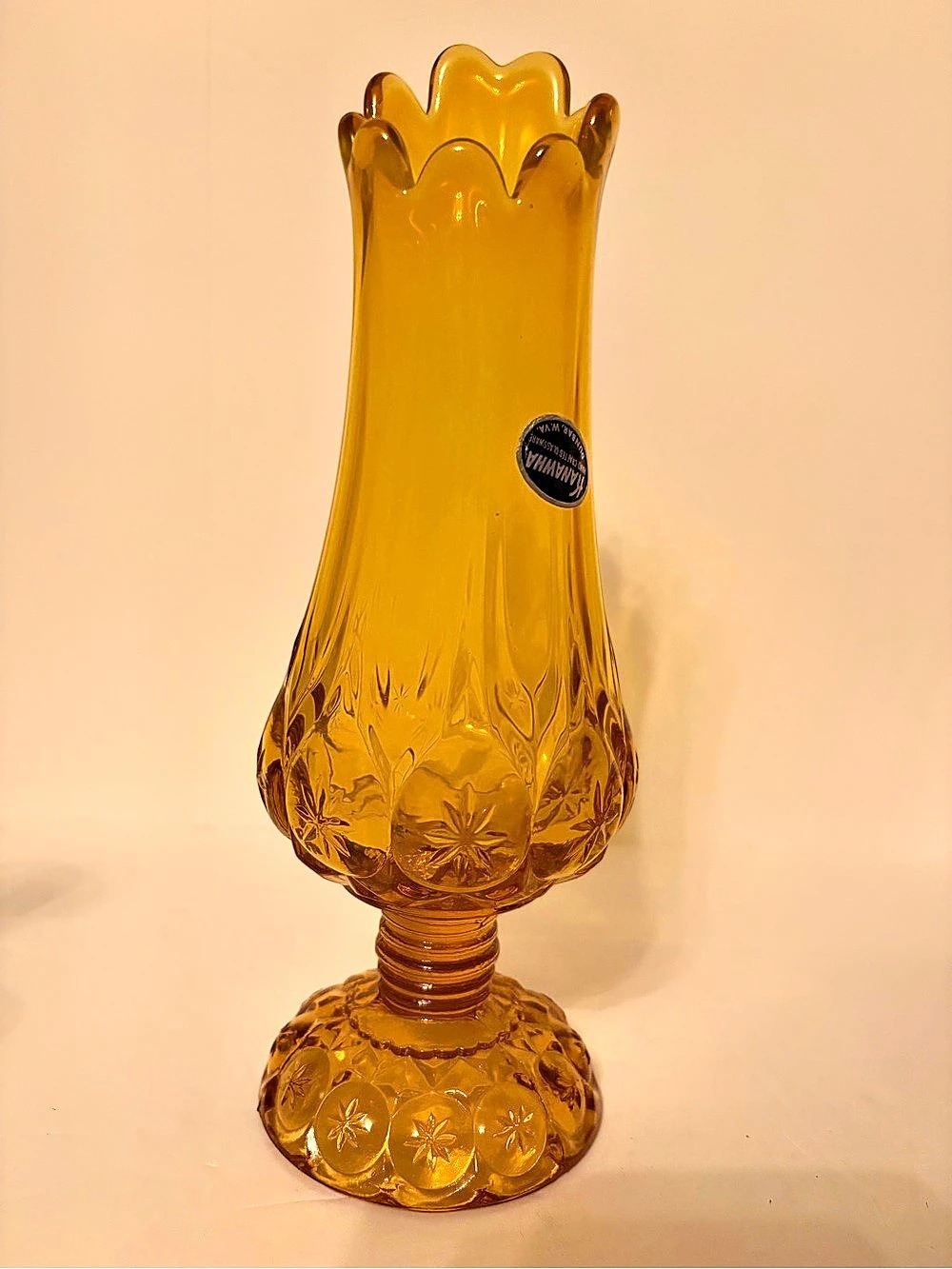 Kanawha Amber Glass Footed Swung Vase with Scalloped Rim